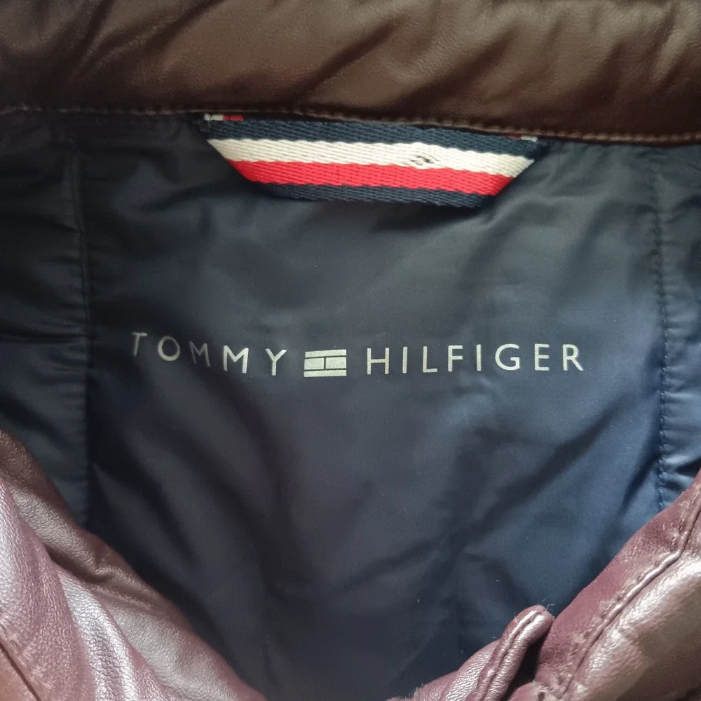 Tommy Hilfiger Puffer Jacket Mens XL Brown EUC Faux Leather Quilted Zip